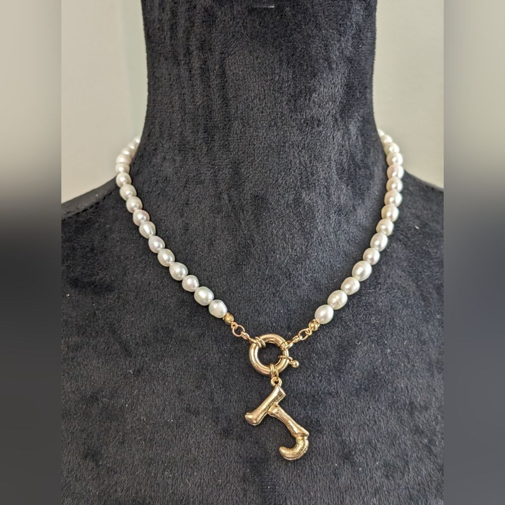Fresh Water Pearl Monogram Gold Tone Necklace